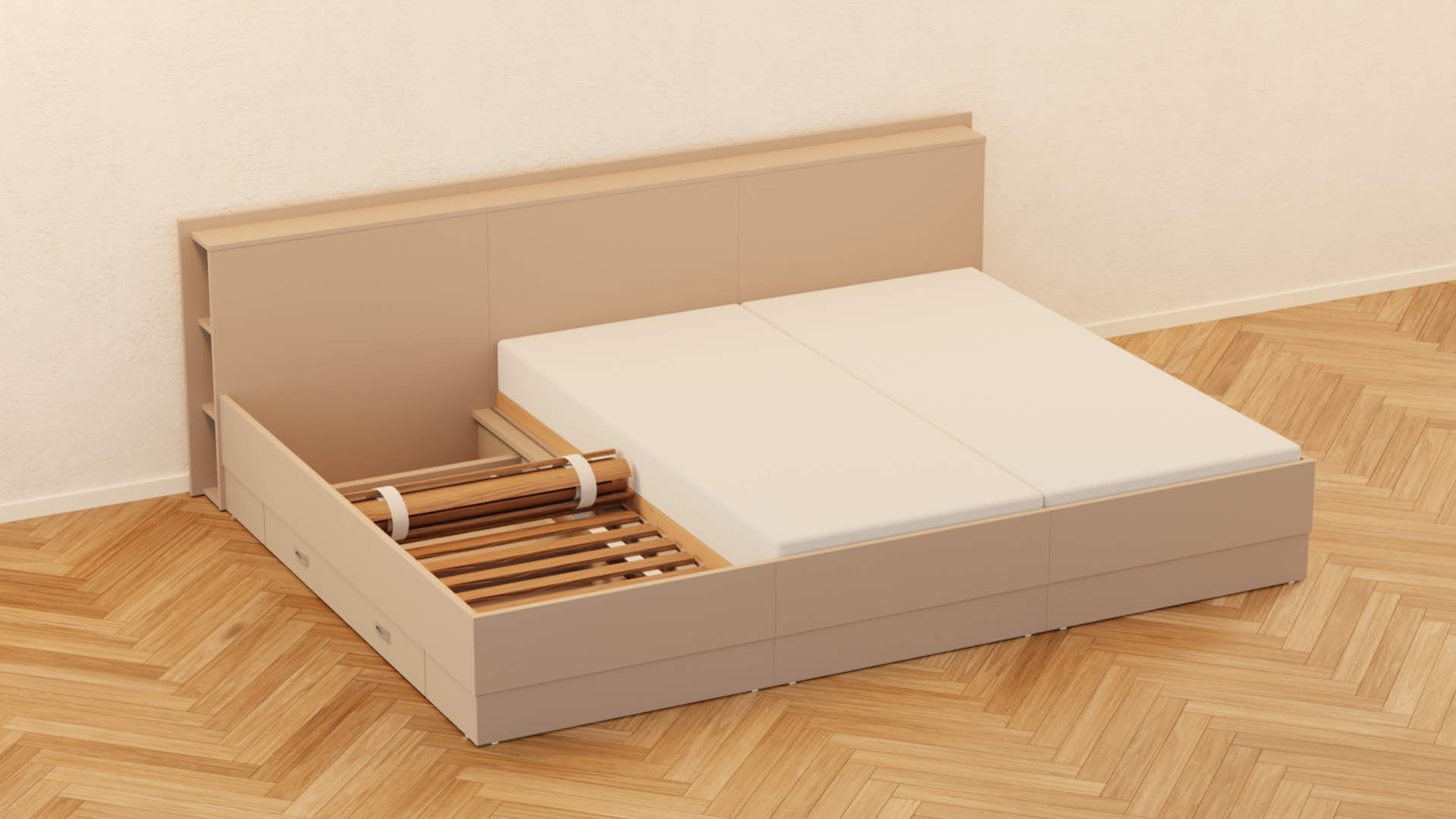 Modell eines Liegewiese Familienbettes mit Sonderanfertigung zur Verwendung eines Rolllattenrostes