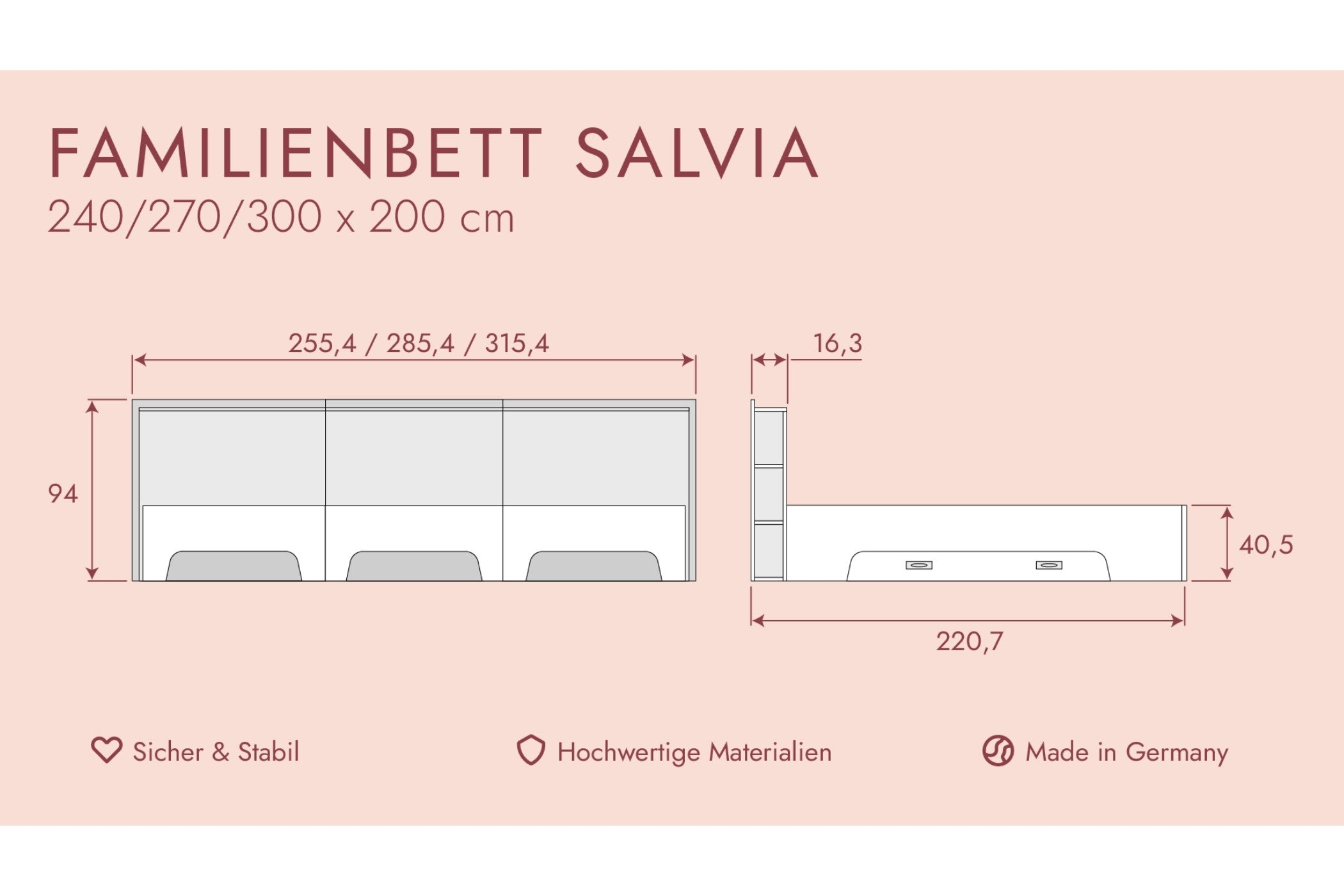 Familienbett Salvia (240 x 200 cm/ 270 x 200 cm/ 300 x 200 cm)