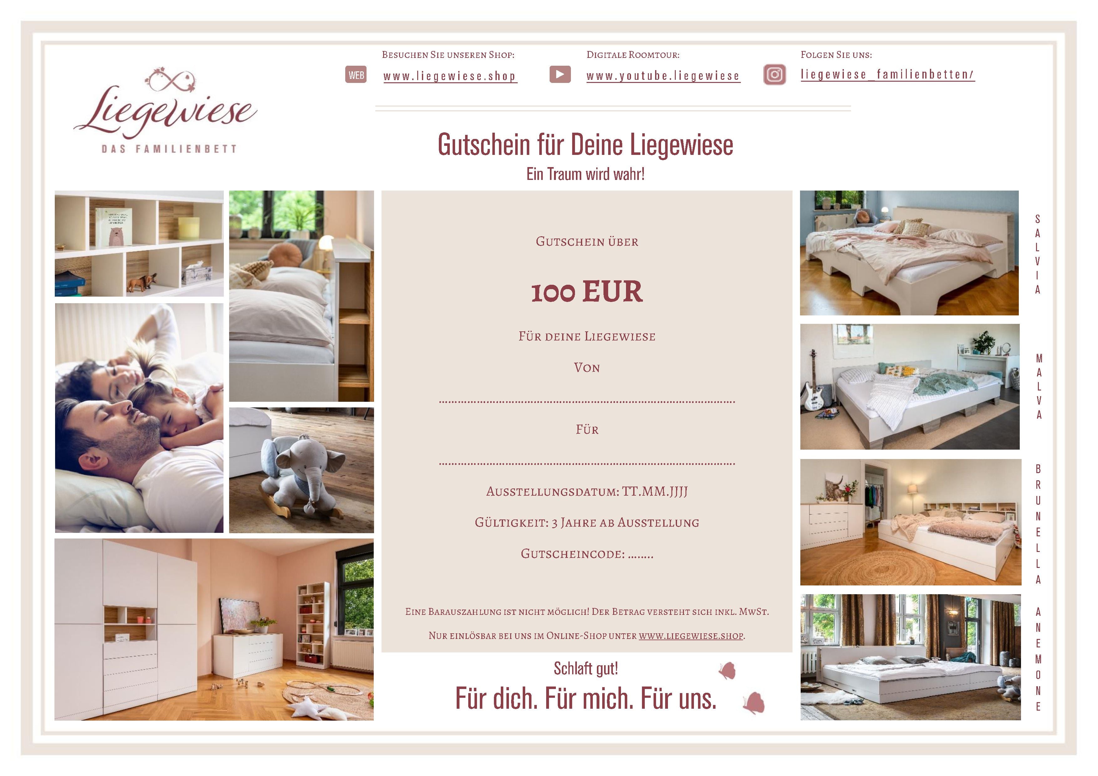 Beispiel eines Gutscheins für Liegewiese Familienbett Onlineshop im Wert von 100 Euro