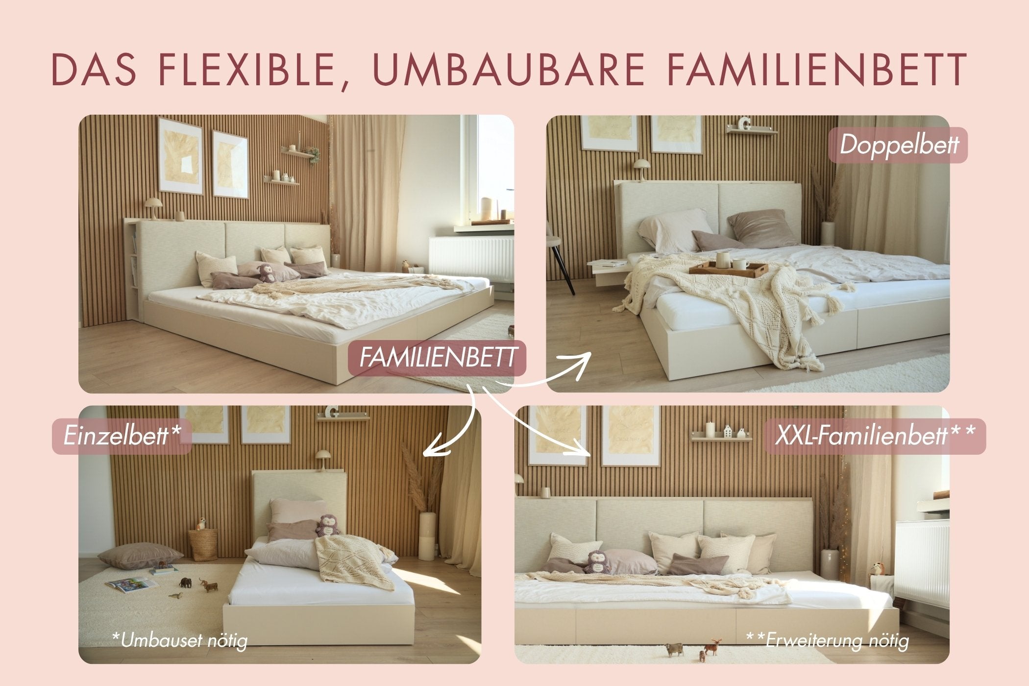 Übersichtsgrafik zum modularen Familienbett Camilla Bodenbett von Liegewiese