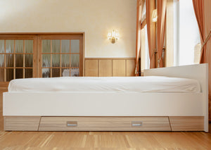 Familienbett Malva in weiß mit Füßen in Holzdekor Coco Bolo und Bettkastenschublade